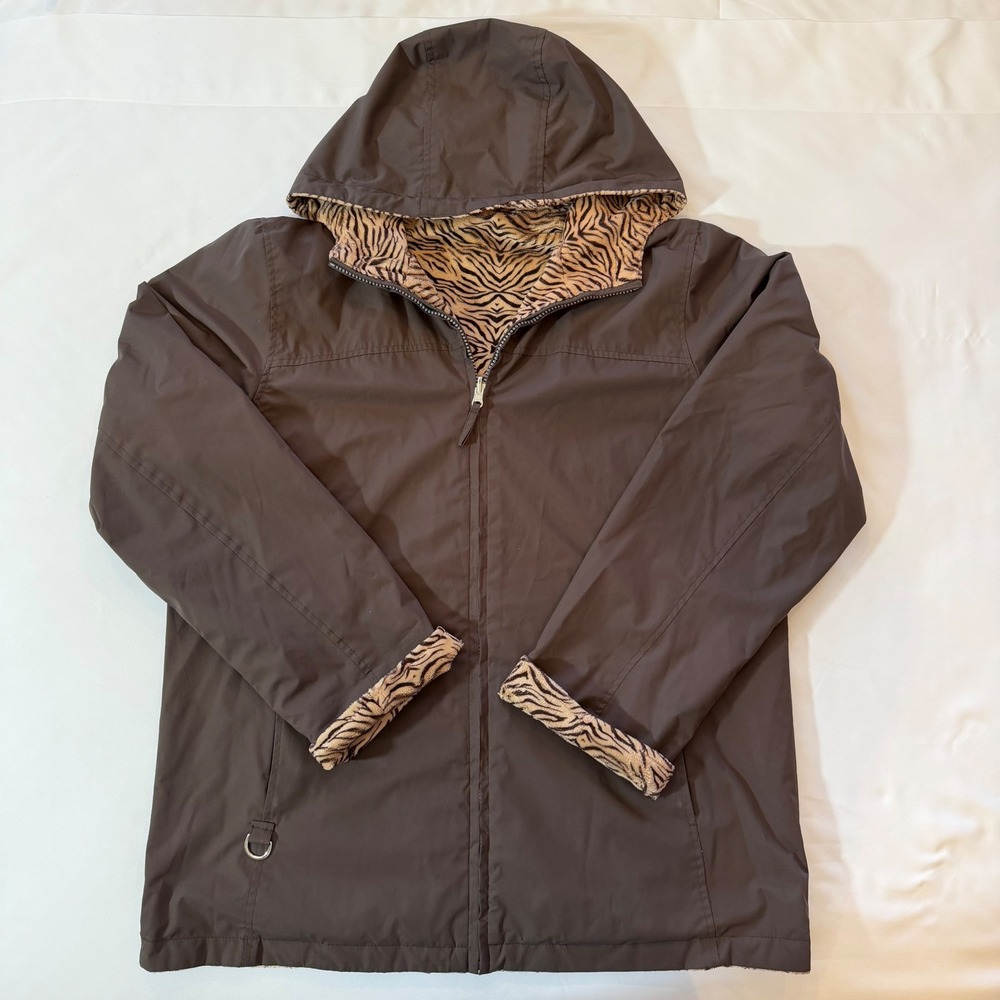 Reversible Hooded Jacket Brown Zebra Natural Reflections Animal Fleece Sz Large